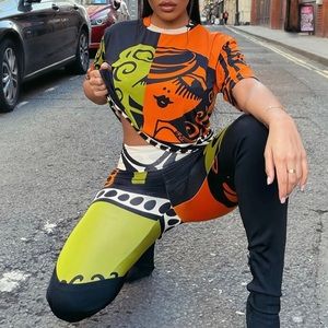 *NEW* Fashion Nova More Attention Orange Green Retro Unique Abstract Leggings